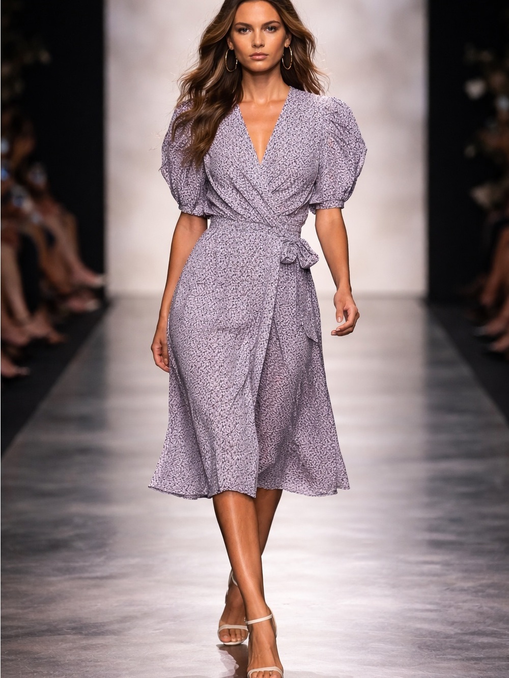 Lavender Puff-Sleeve Wrap Midi Dress